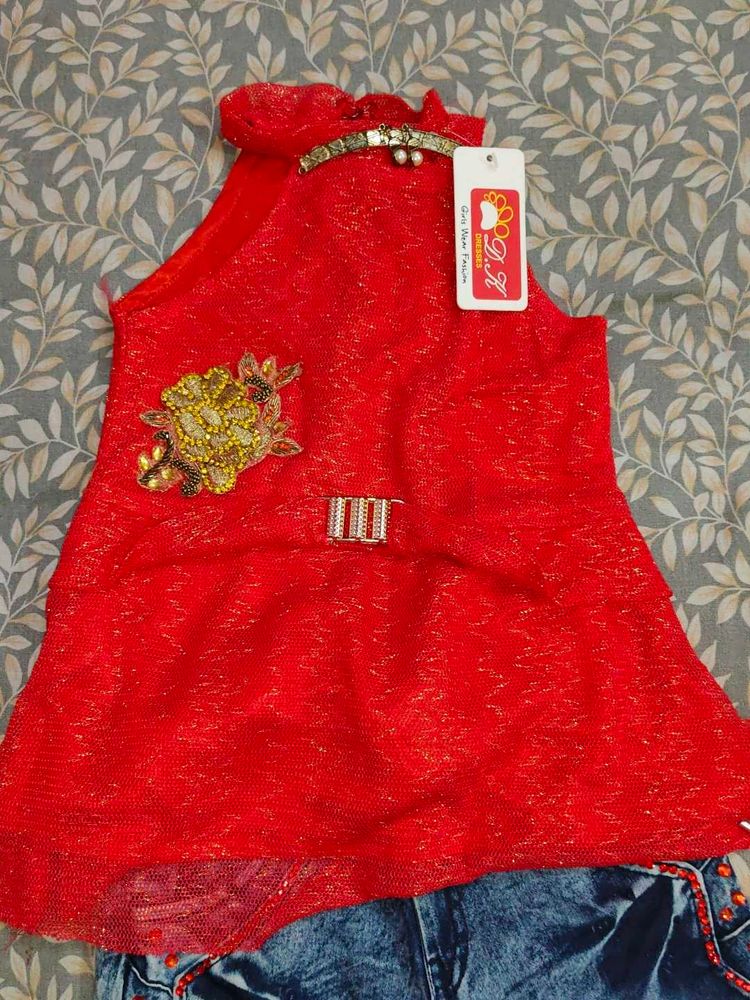 Girls Sparkly Red Top with Embellishments