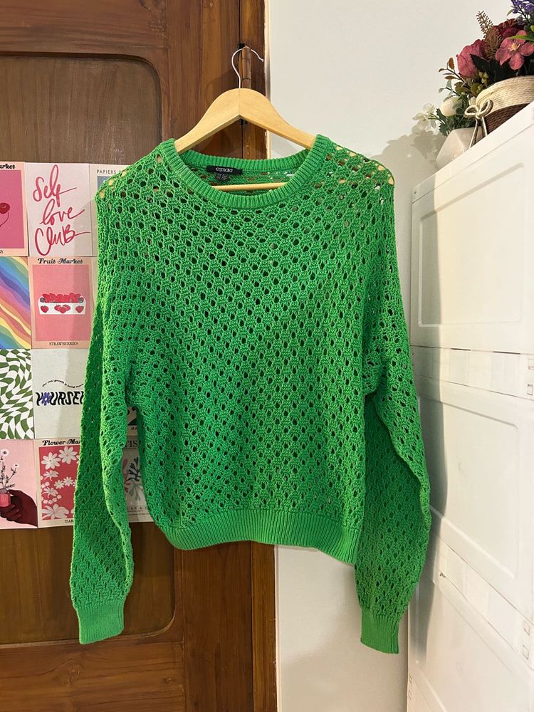 Chic Green Crochet Knit Sweater