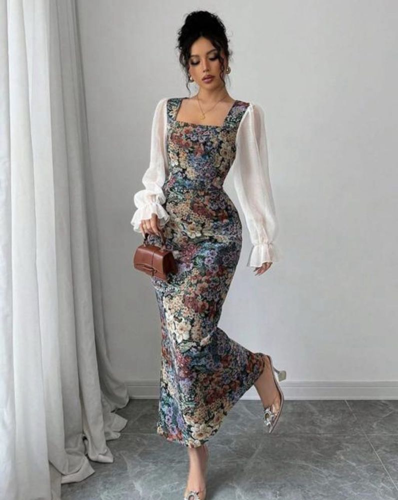 Floral Midi Dress with Sheer Sleeves