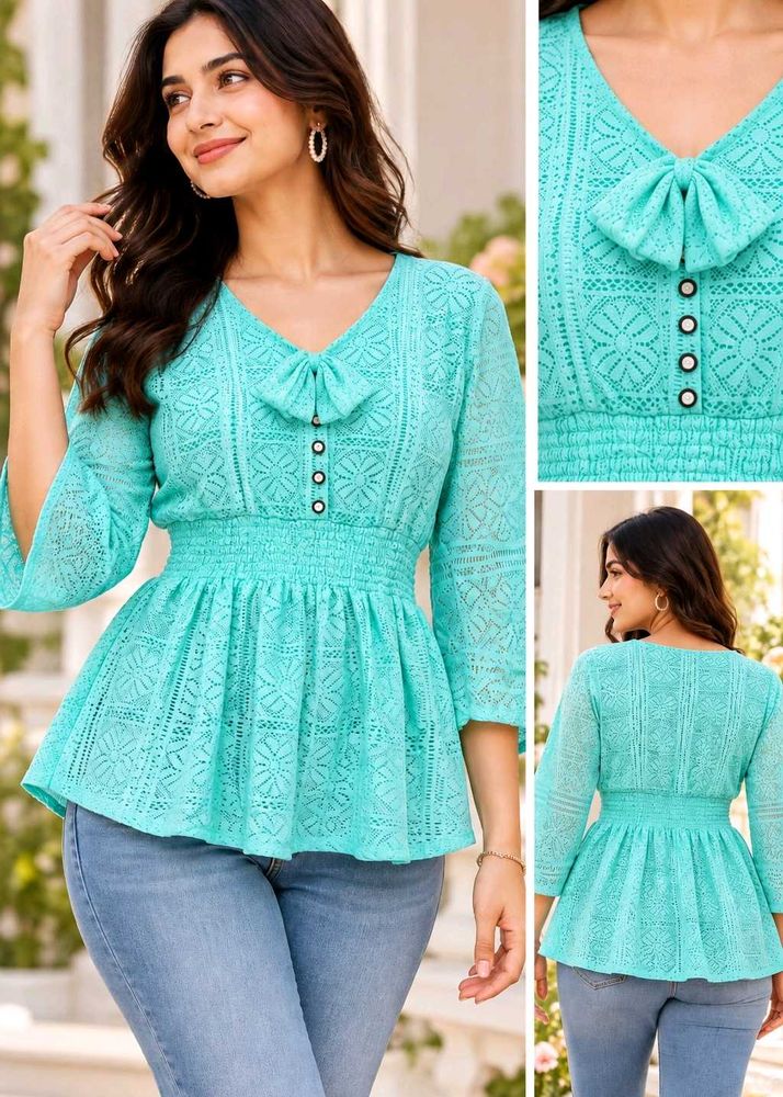 Chic Sea Green Lace Peplum Top