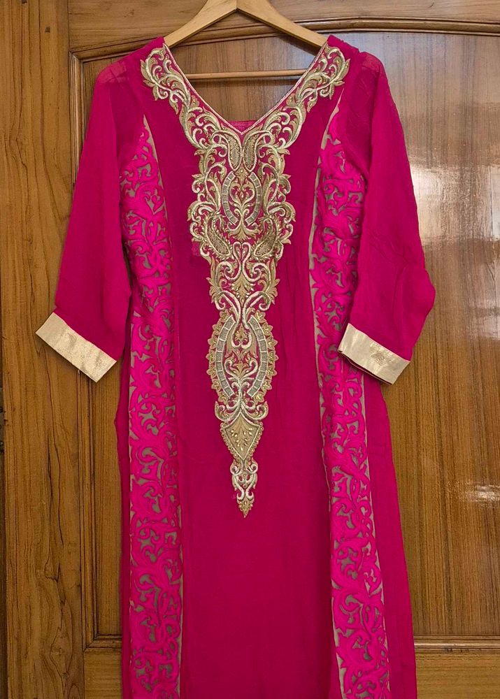 set of 3 Elegant Pink Kurta with Gold Embroidery