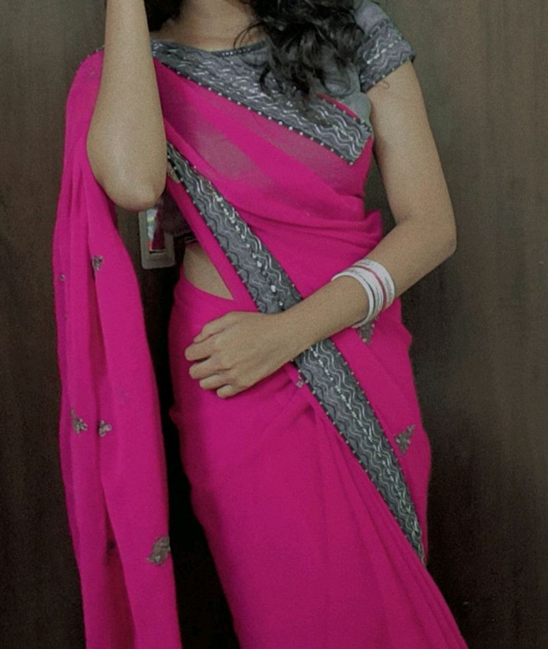 Pink Saree With Silver Border