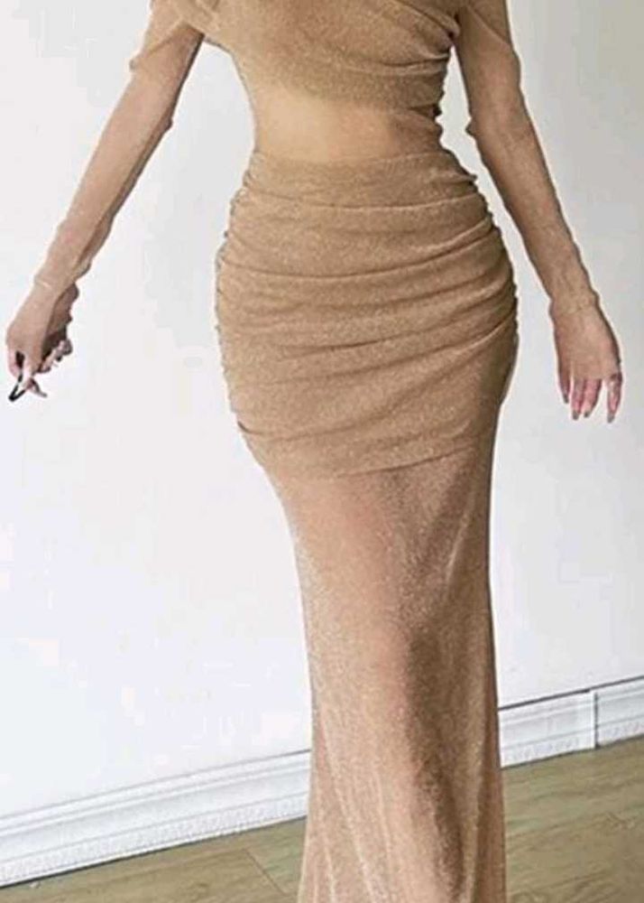 Gold Shimmering Cutout Bodycon Maxi Dress(size:xl,