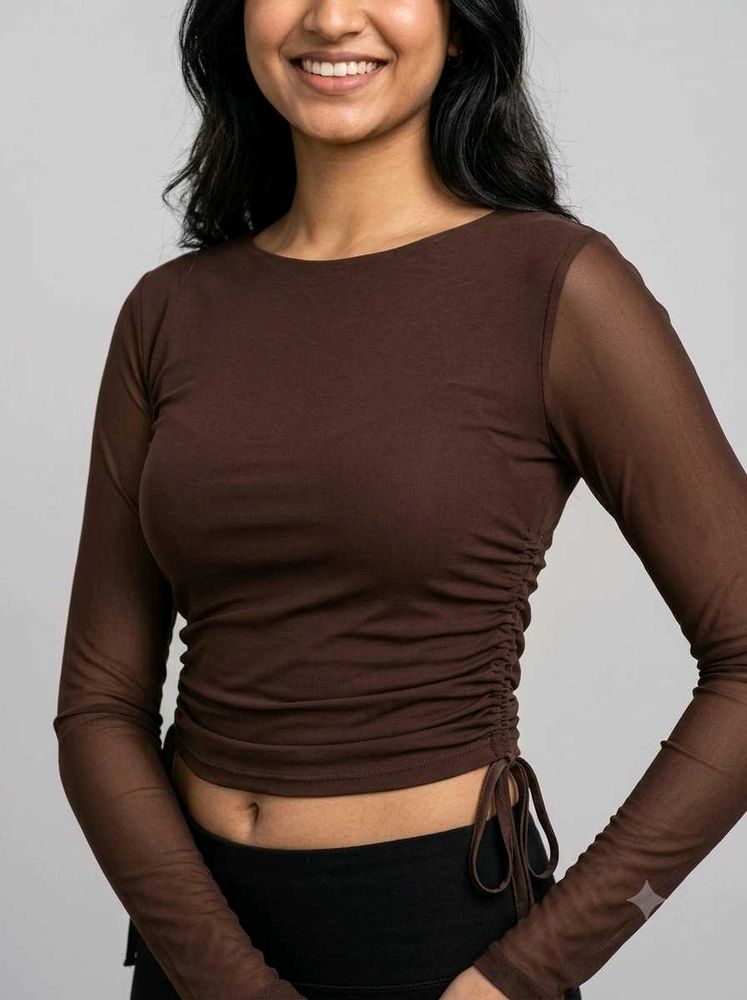Coffee Brown Ruched Mesh Long Sleeve Top