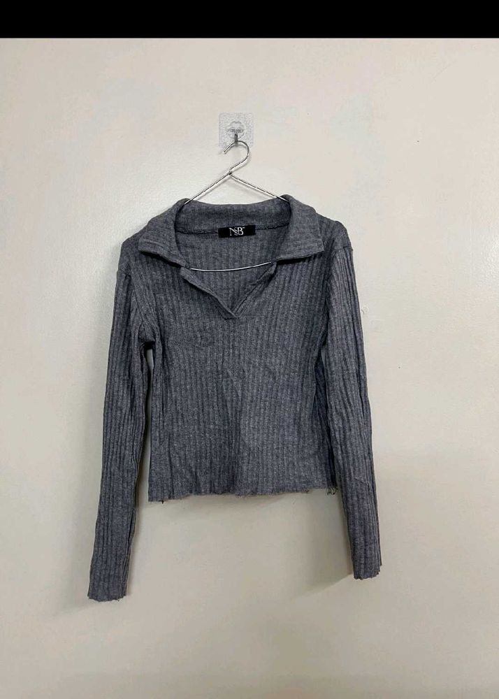 Ribbed Collared Long Sleeve Top