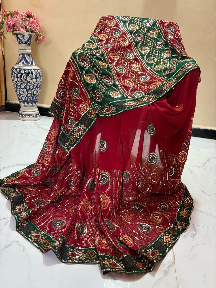 Red &amp; Green Embroidered Saree