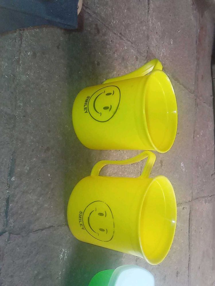 2 Yellow Smiley Face Mugs and bowl