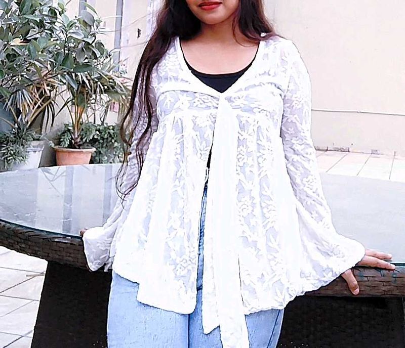 Elegant White Lace Kimono Top