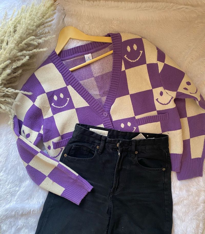 Purple Smiley Checkered Cardigan