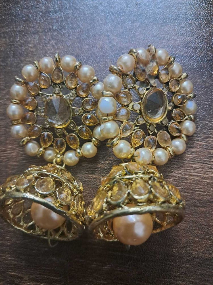 Elegant Pearl &amp; Stone Jhumka Earrings