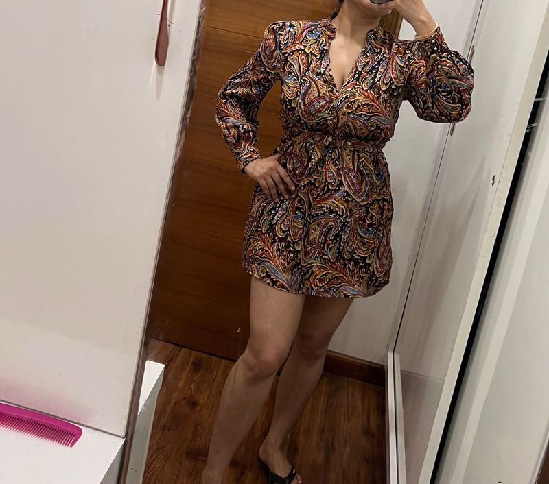 zara Boho Paisley Print Long Sleeve Dress