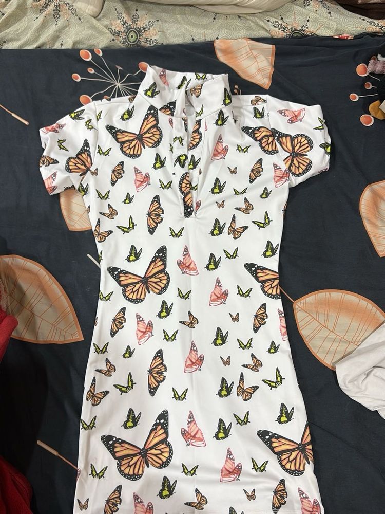 White Butterfly Print Mini Dress