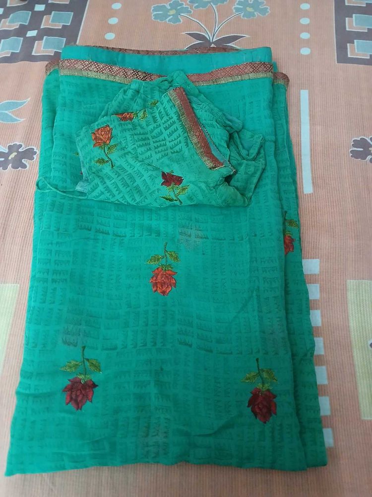 Beautiful Teal Saree with Floral Print
