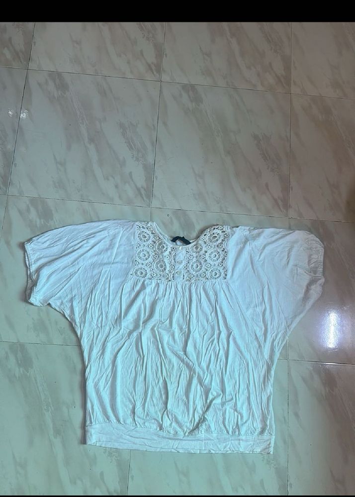 White Crochet Neck Tunic Top
