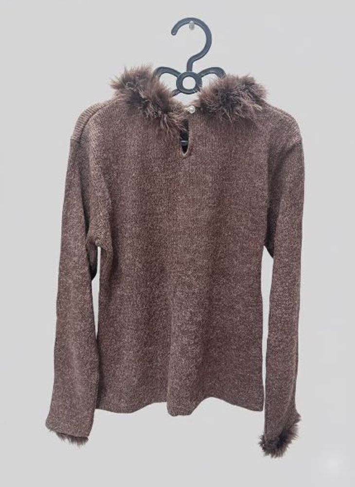 Brown Knit Top Fur Trim
