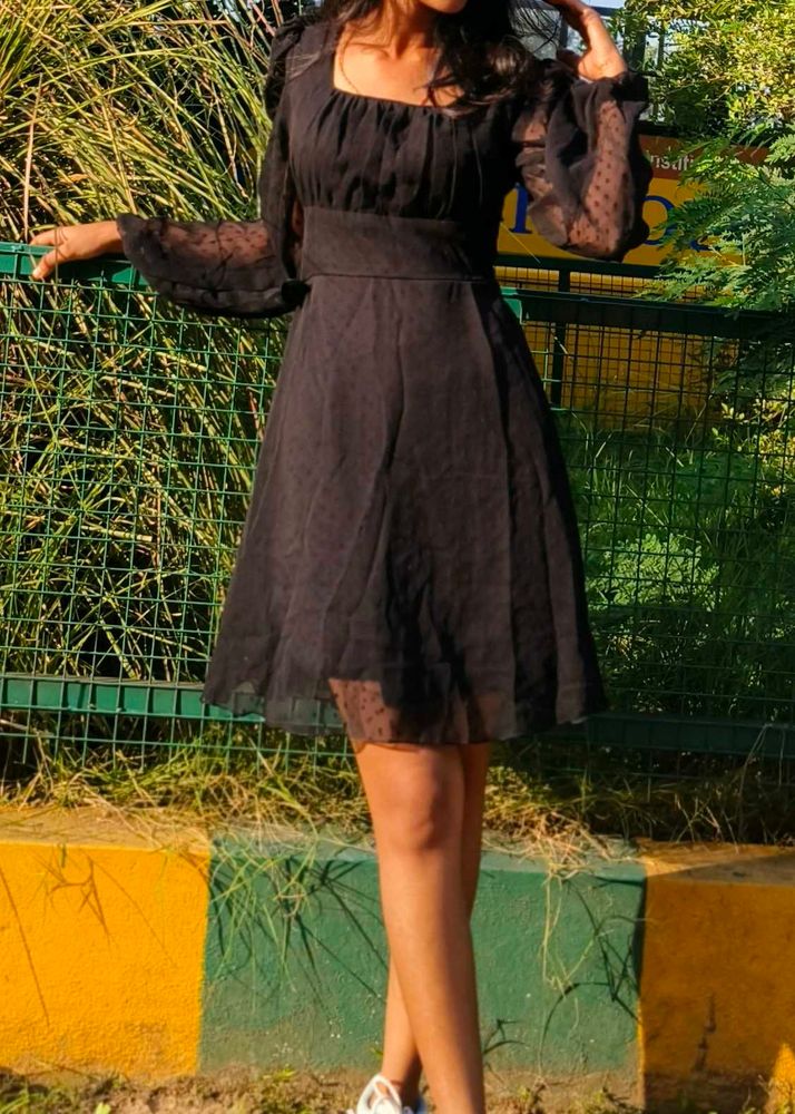 Chic Black Sheer Sleeve Dress