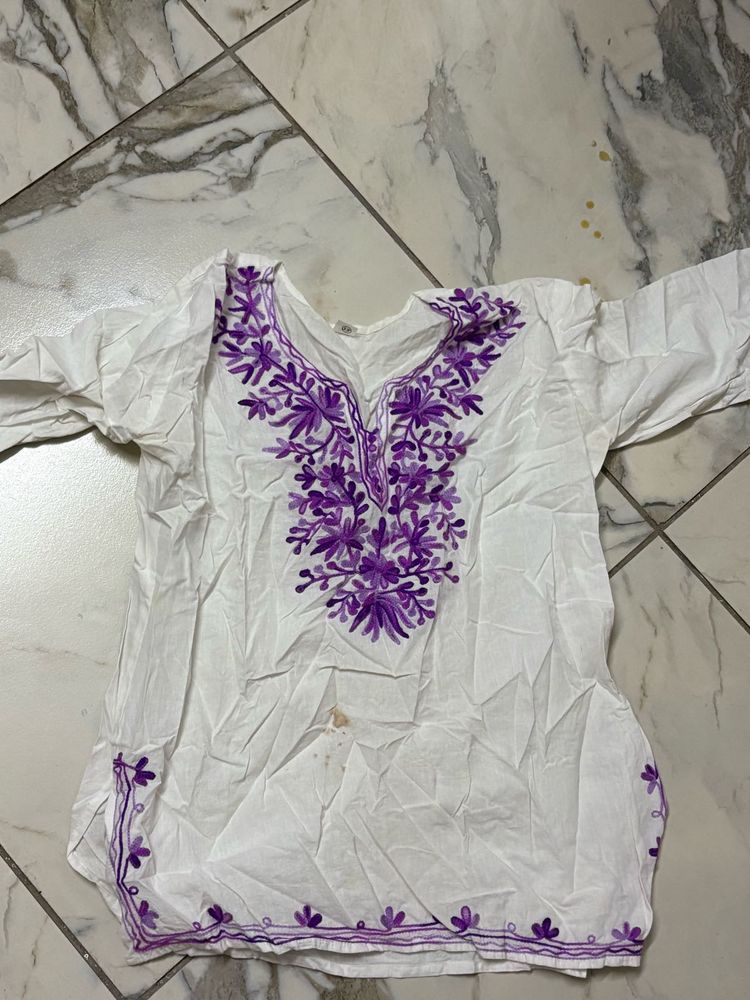 White Kurta with Purple Embroidery