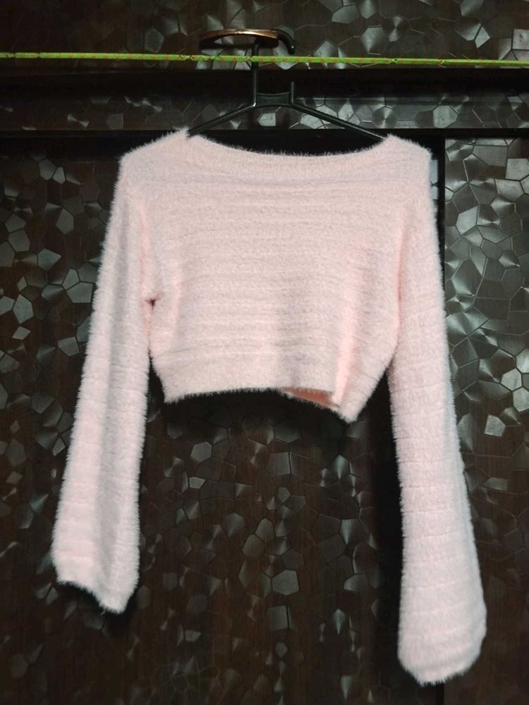 Pink Fuzzy Crop Sweater