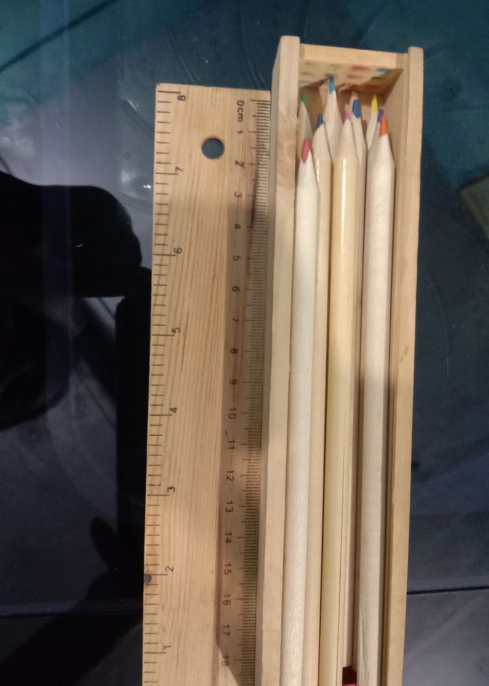 Designer Wooden Pencil Box Containing 12 Different Crayon Colour Pencils, Scale Standard (Wooden), 1 Sharpener