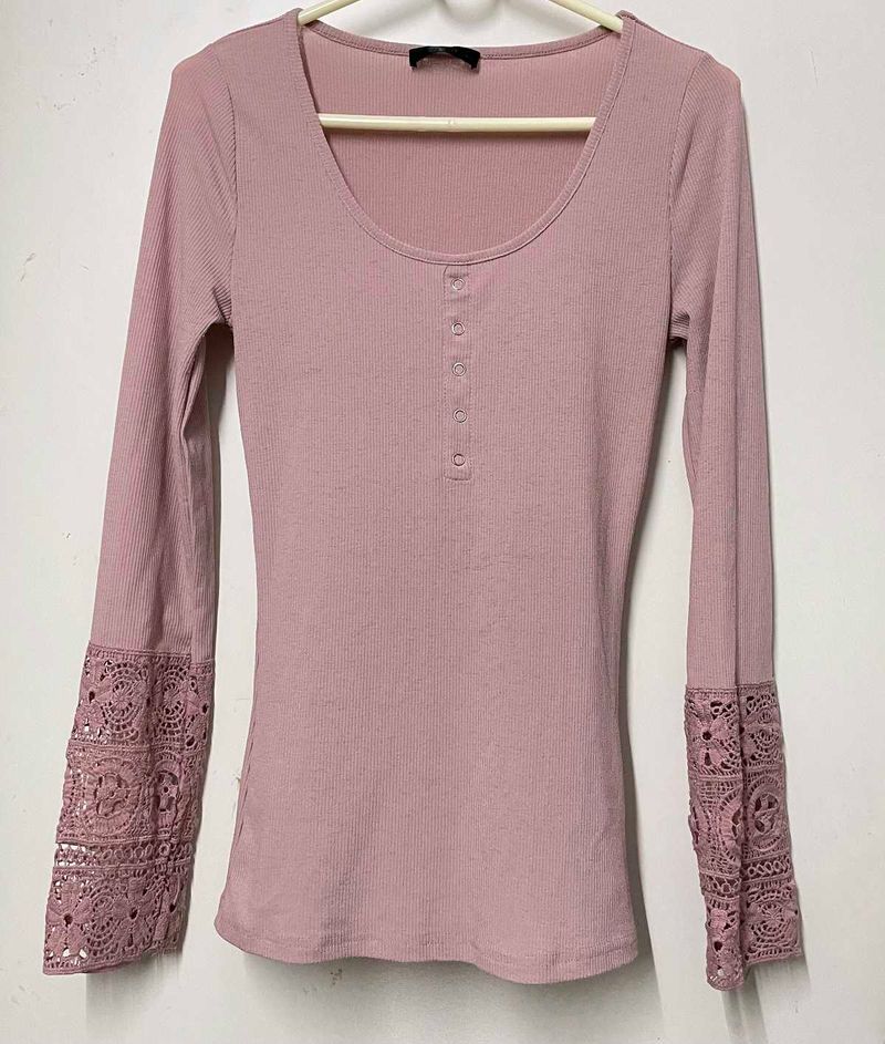 Shein Dusty Rose Lace Sleeve Top