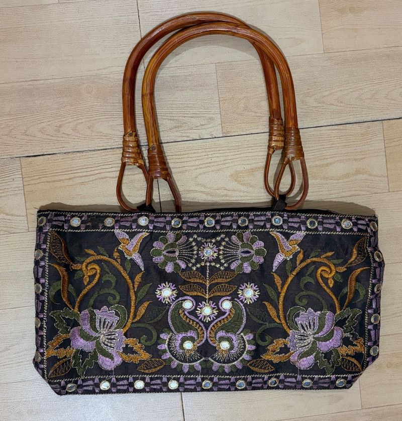 Embroidered Shoulder Bag with Bamboo Handles