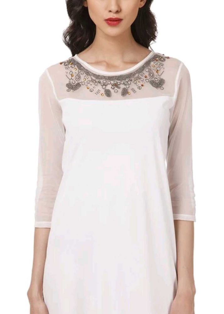 Sheer Sleeve Embellished Neck Dress