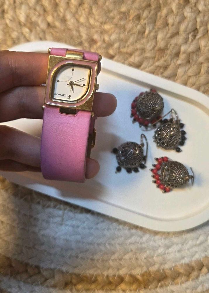 SilverJhumka Earrings and Pink Strap Watch
