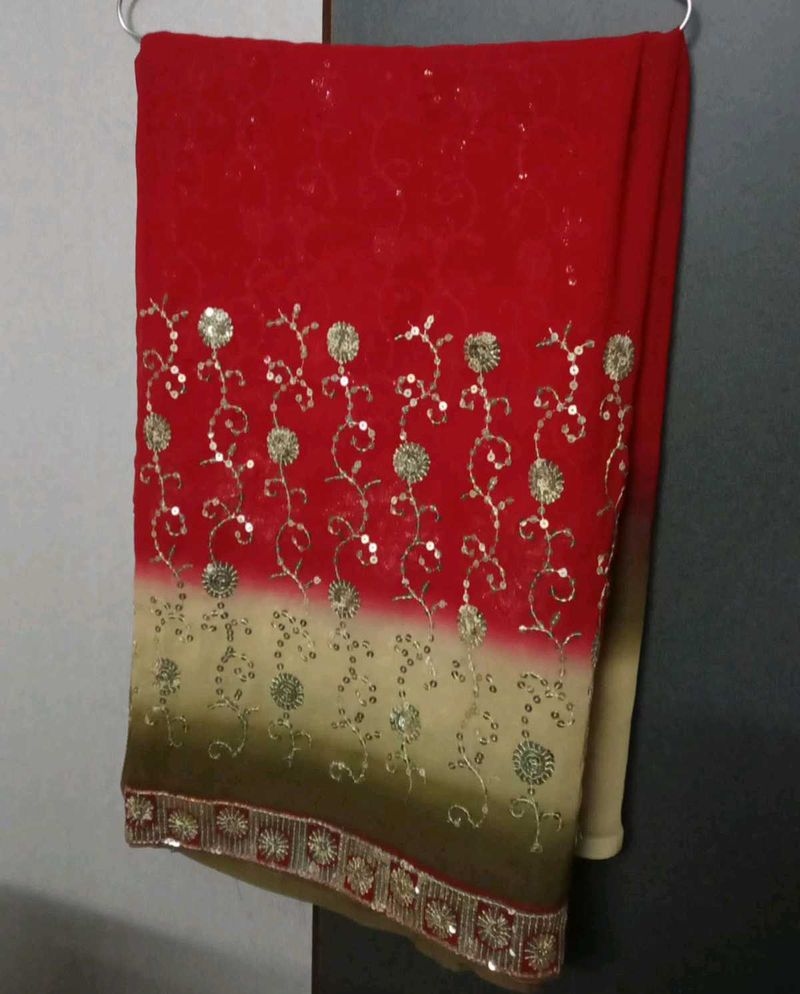 Red Saree with Sequins Work