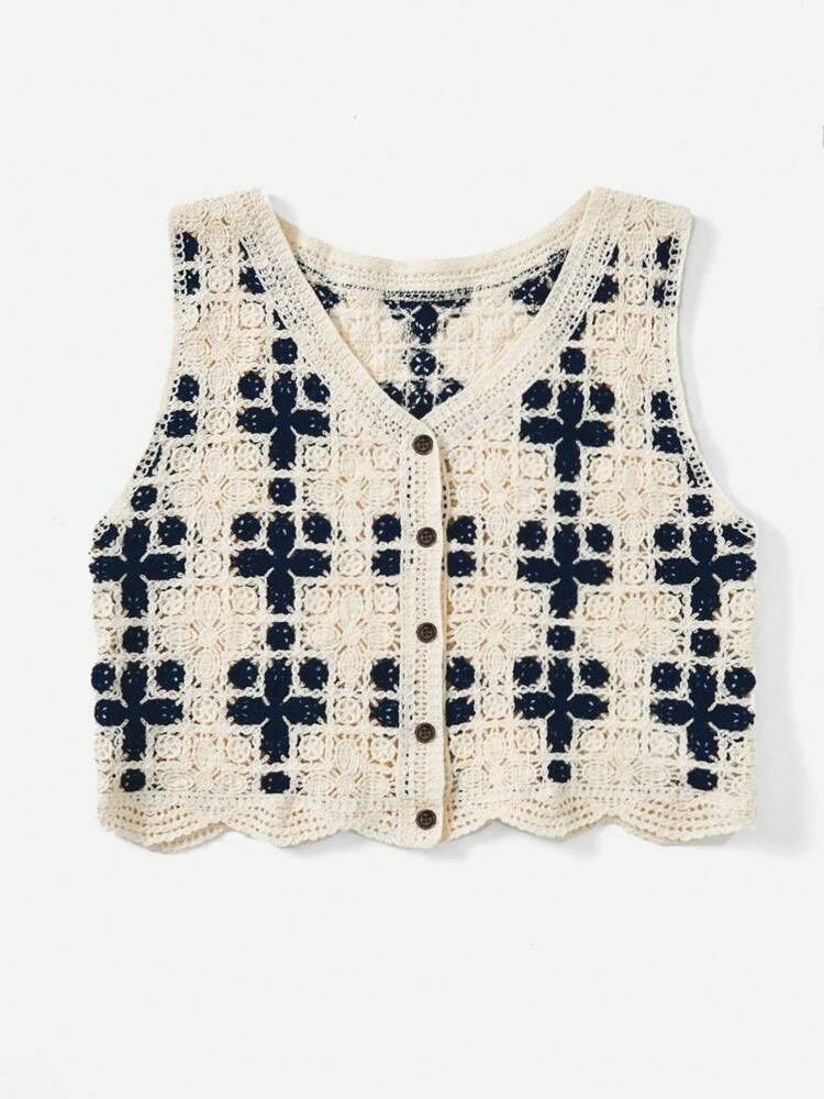 Crocheted V-Neck Sleeveless Vest
