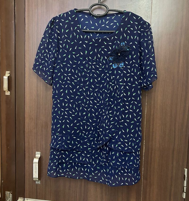 KOREAN Chic Navy Blue Printed Top