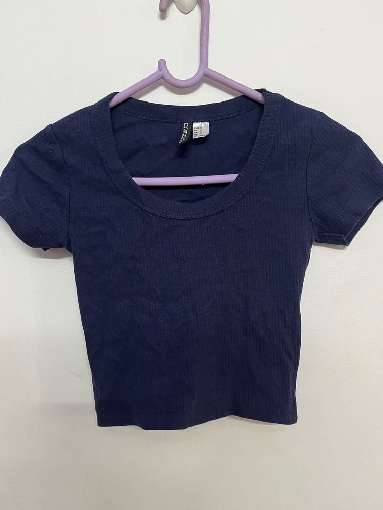 Navy Blue Ribbed Fitted Crop Top