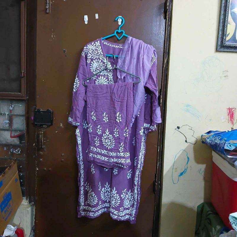 Purple Kurta Set with White Embroidery