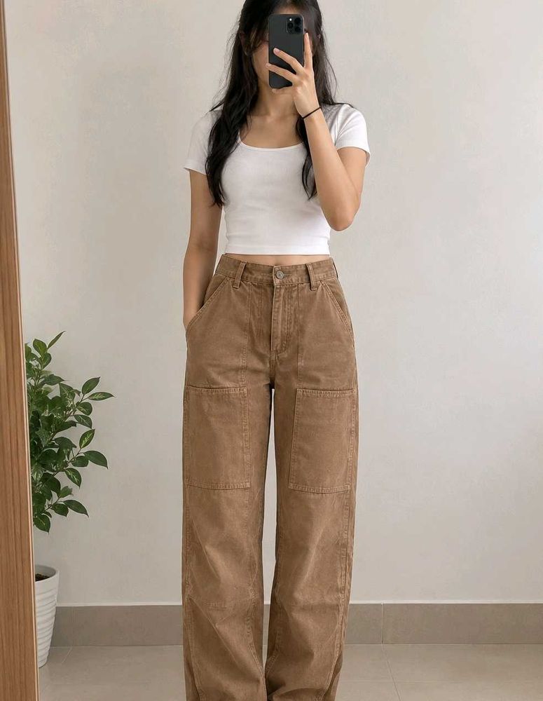 Brown Cargo Wide-Leg Pants