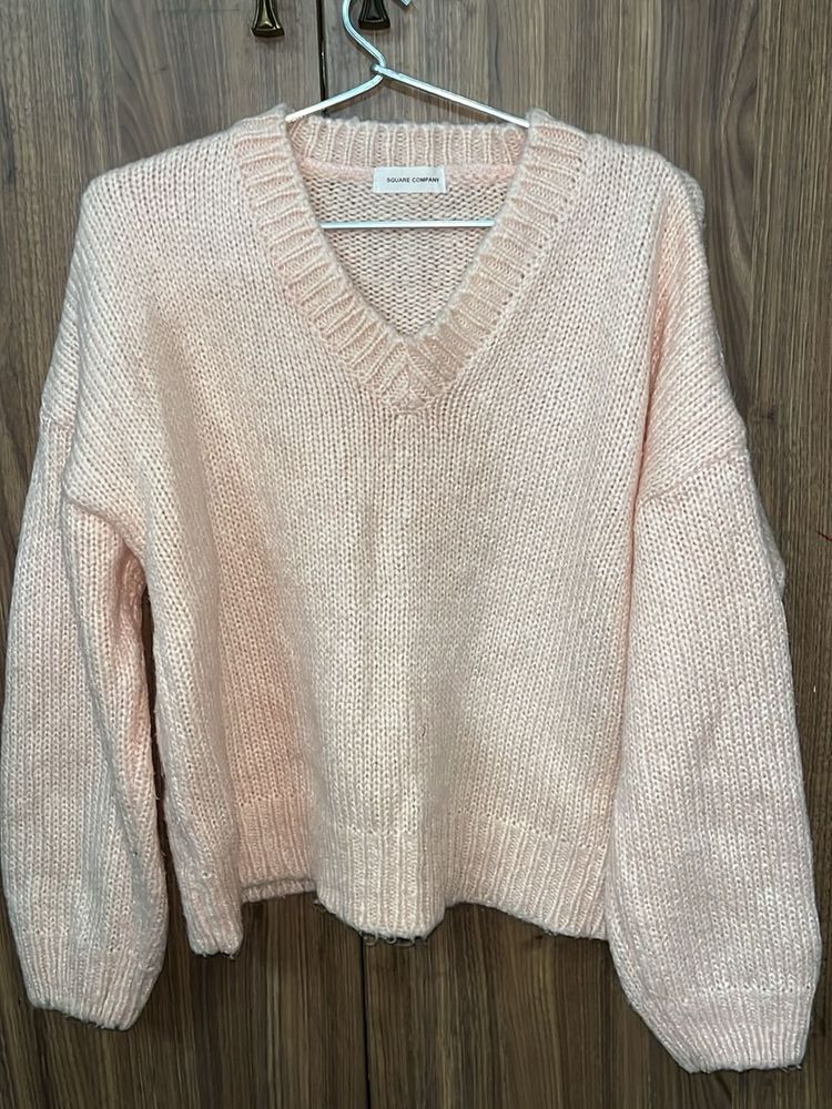 Baby Pink V-Neck Knit Sweater