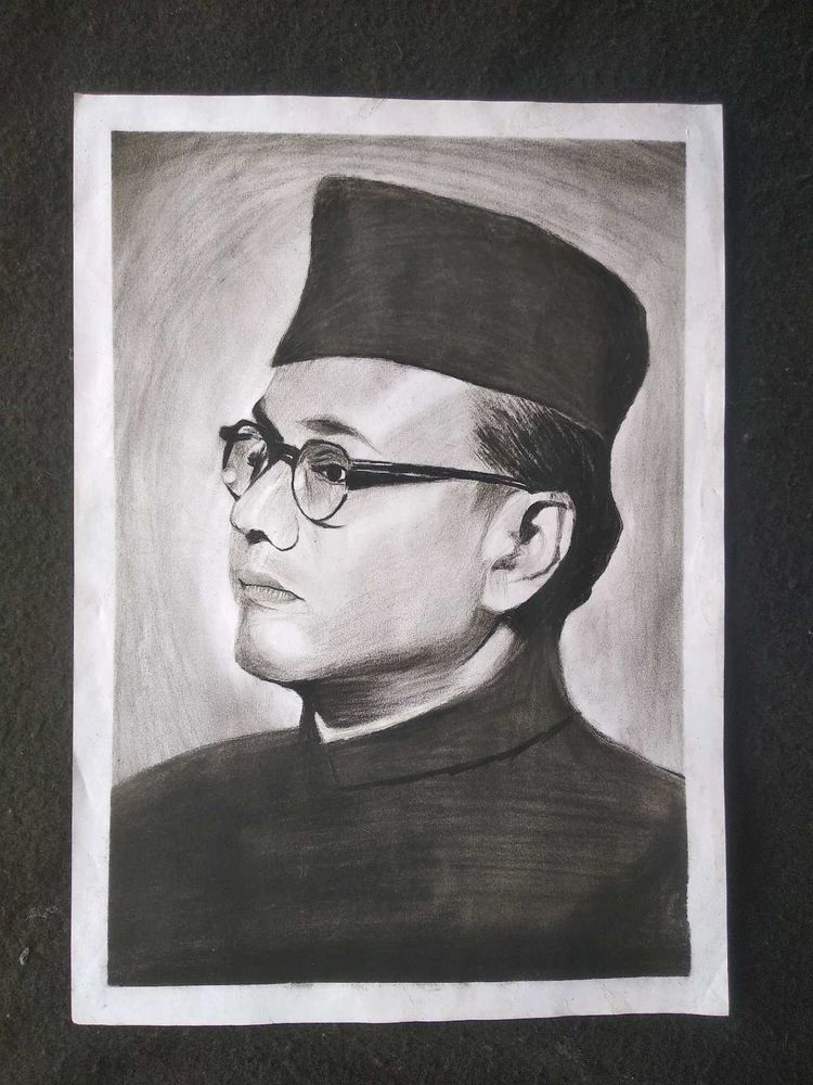 Charcoal Portrait of Subhas Chandra Bose