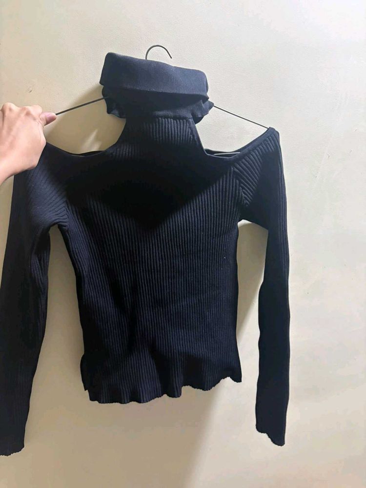 Black Cold Shoulder Turtleneck Sweater