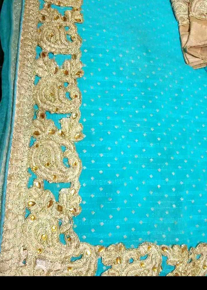 Exquisite Blue Saree with Golden Embroidery