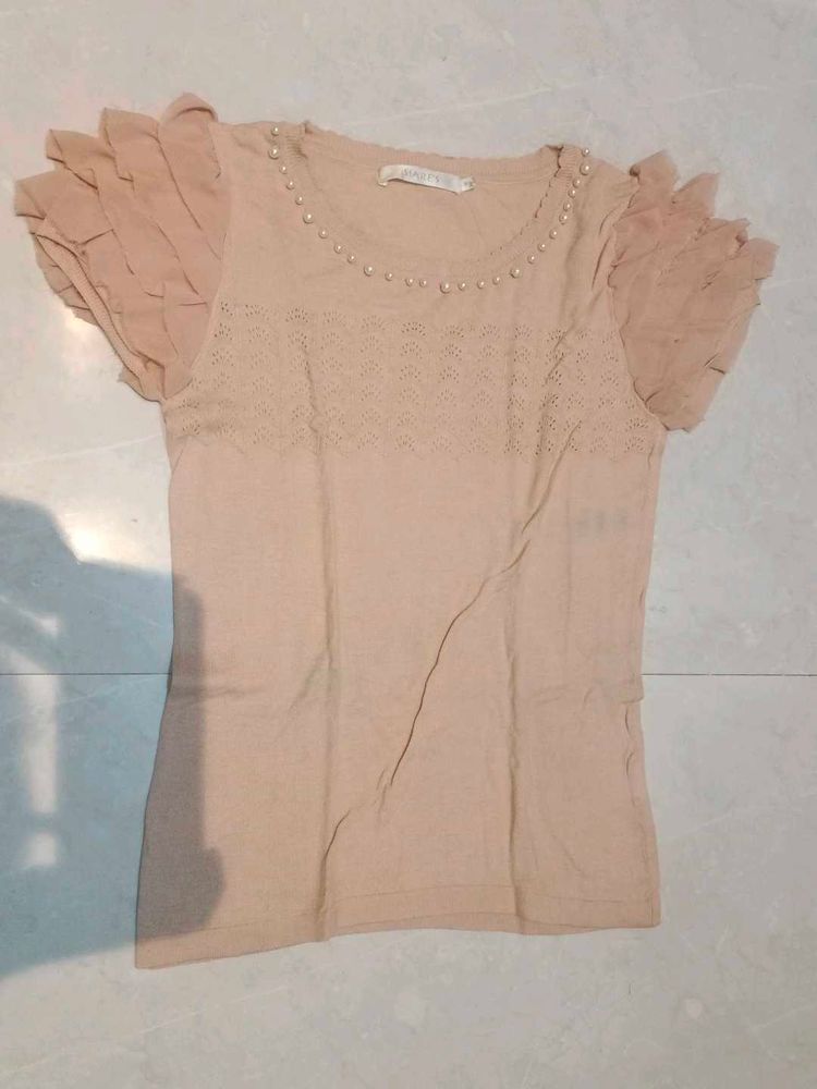 Beige Beaded Short Sleeve Top