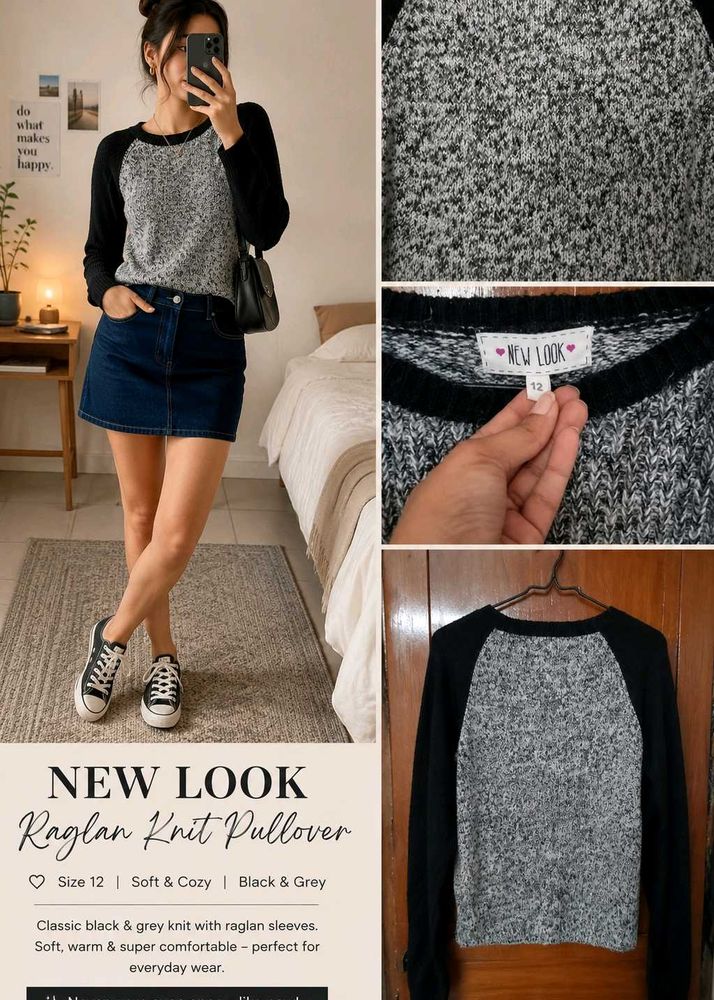 Grey and Black Raglan Knit Pullover