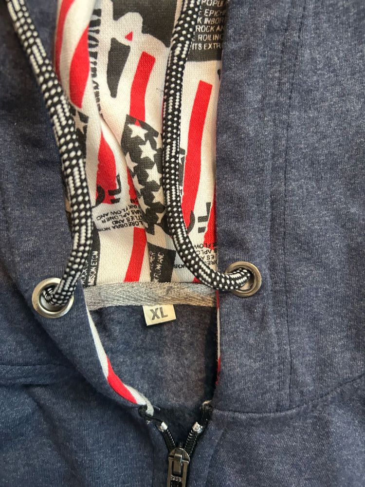 Blue Hooded Sweatshirt with American Flag Print