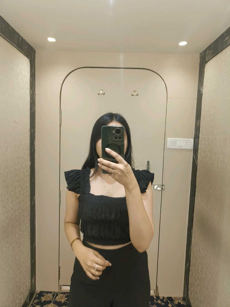 Stylish Black Smocked Crop Top