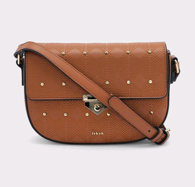 Iykyk Compact Brown Textured Crossbody Bag