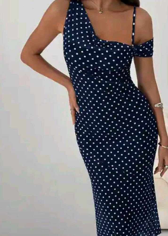 Navy Polka Dot One Shoulder Dress