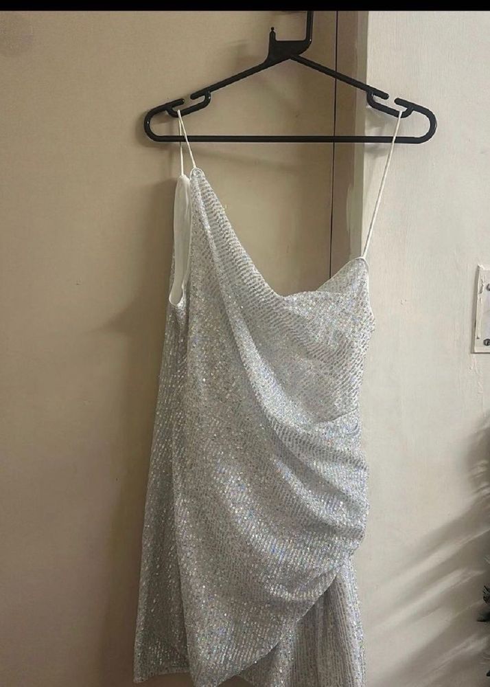 Sparkling Silver One-Shoulder Ruched Dress