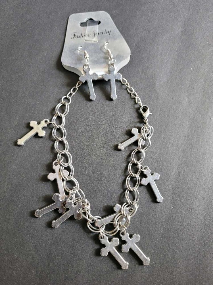 Cross Charm Bracelet &amp; Earrings Set