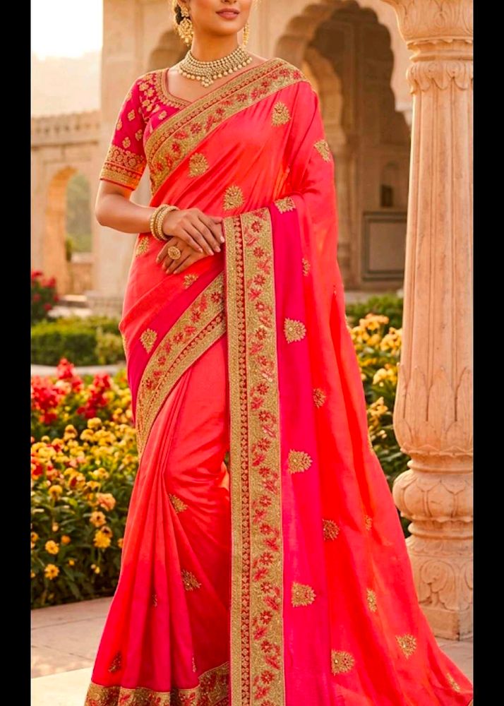 Stunning pink Embroidered Silk Saree