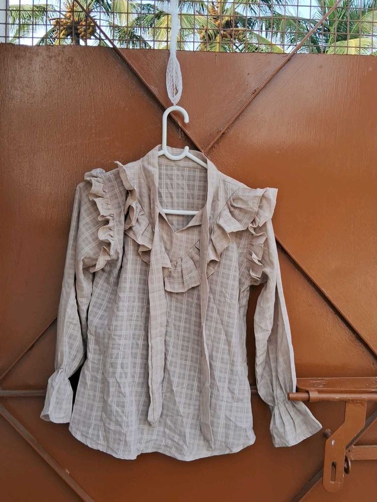 Ruffle Trim Plaid Blouse