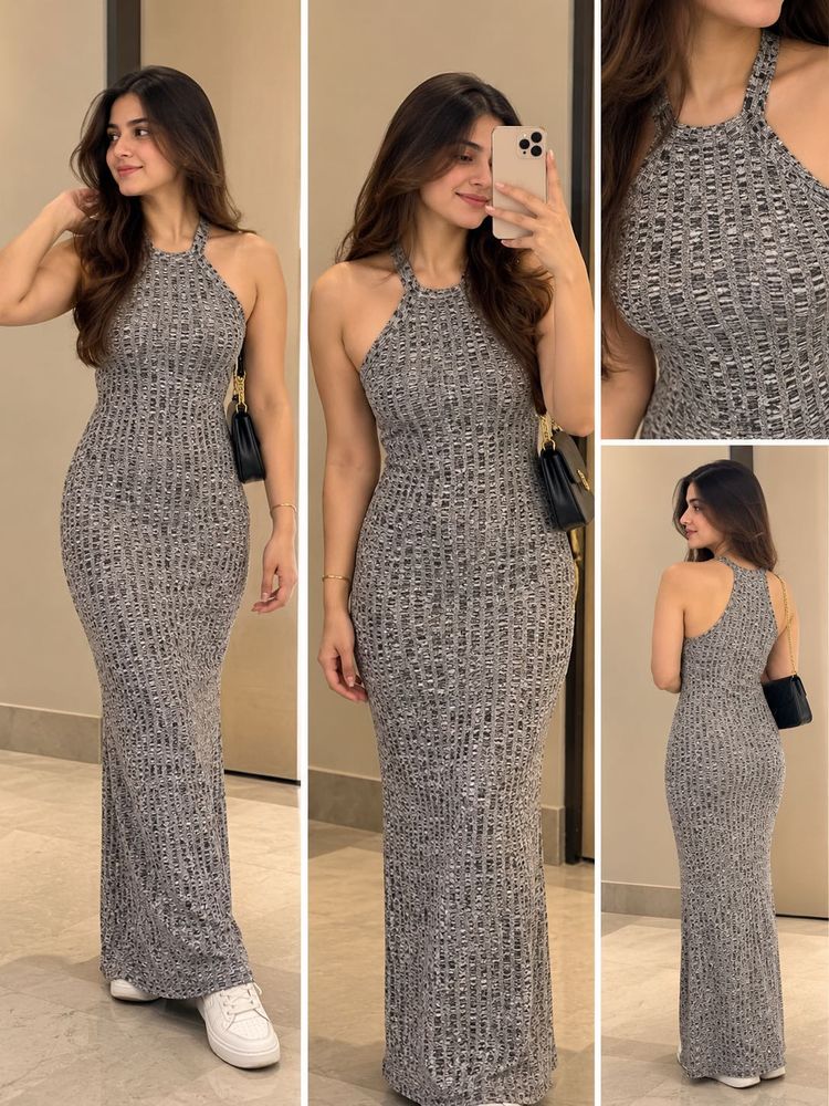 Grey Ribbed Halter Neck Dress