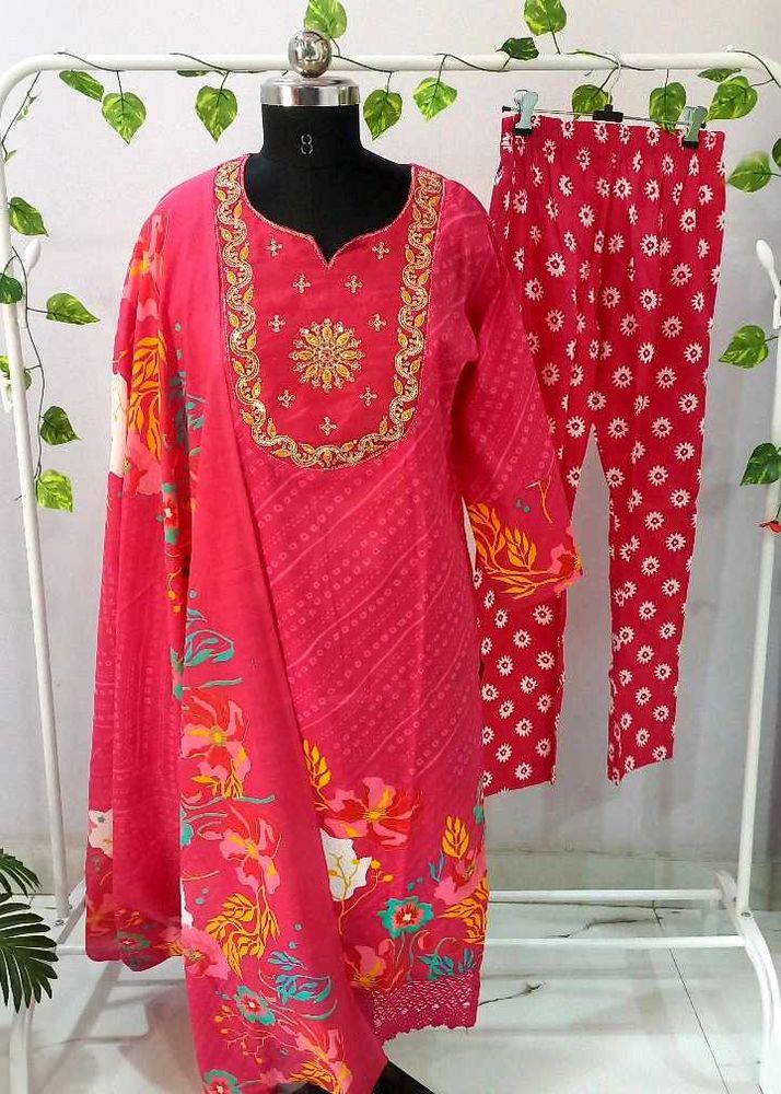Fuschia Golden Detailing Cotton Suit