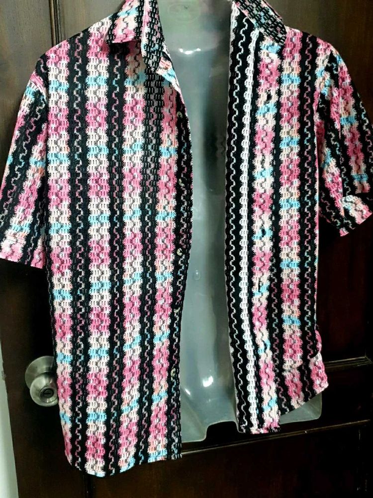 Retro Striped Knit Button-Up Shirt